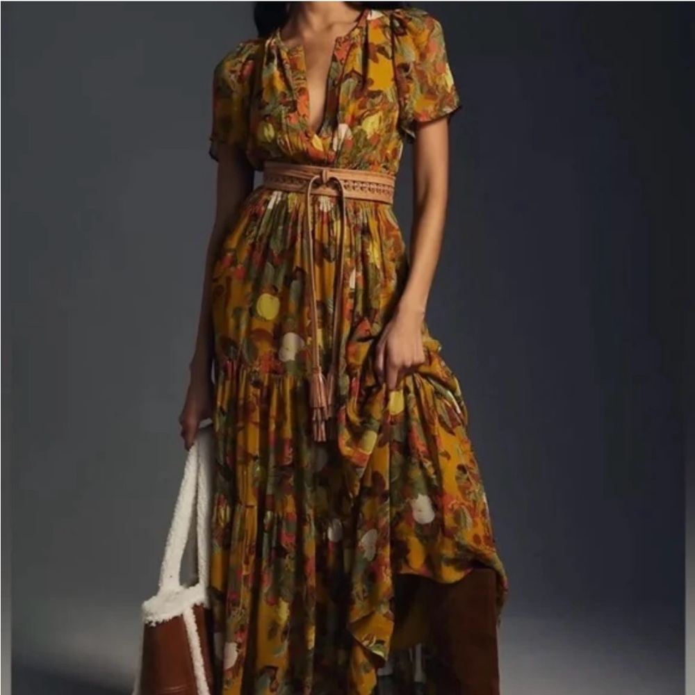 Anthropologie Floral Maxi Dress in Mustard and Brown - Picture 2 of 6